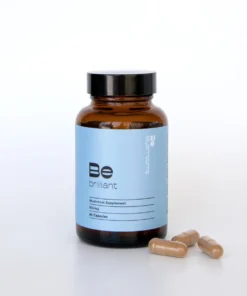 Premium glass bottle of Be Brilliant Mushroom Supplement Capsules by Be Mushrooms.