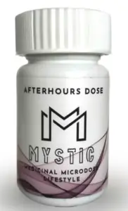 Mystic Afterhours Dose 200mg Capsules product bottle alongside clear vegan microdose capsules.