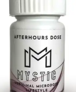 Mystic Afterhours Dose 200mg Capsules product bottle alongside clear vegan microdose capsules.