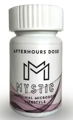 afterhours dose 200mg capsules | mystic Mystic Afterhours Dose 200mg Capsules product bottle alongside clear vegan microdose capsules.