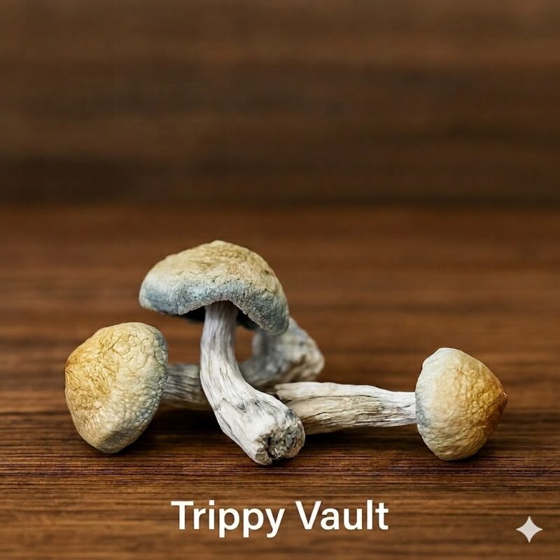 Premium dried whole-growth botanicals from Trippy Vault displayed on a rustic wooden background.